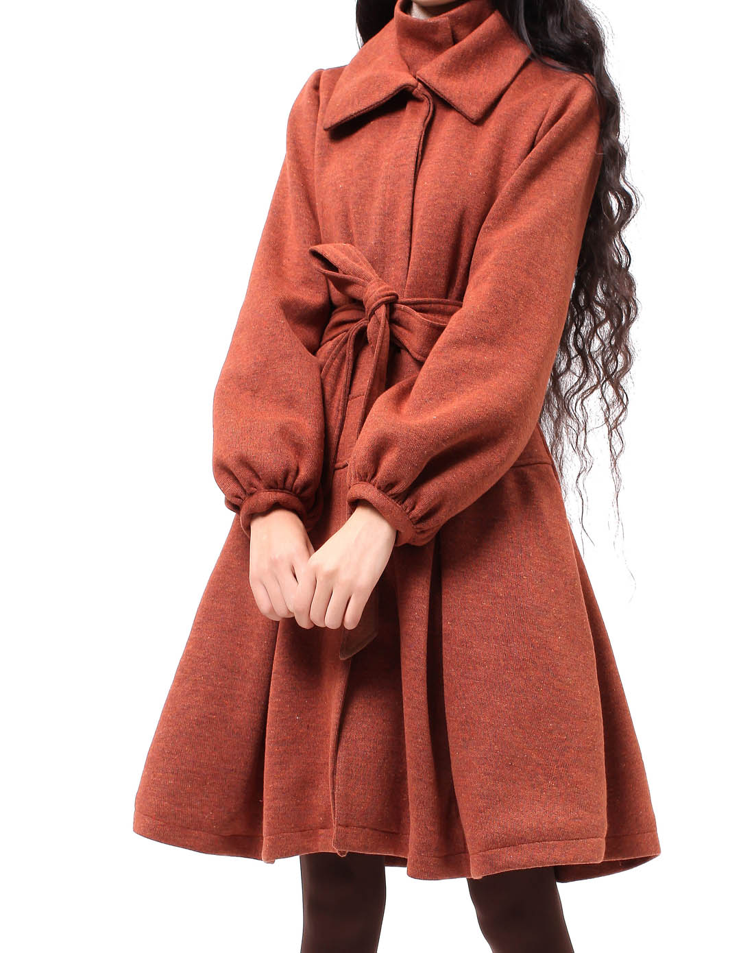 灯笼袖束腰双领双面呢大衣