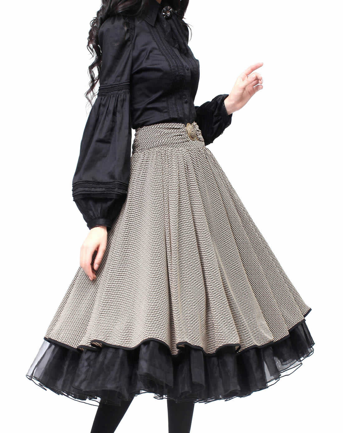 > 赫本优雅蕾丝高腰复古大摆半身裙