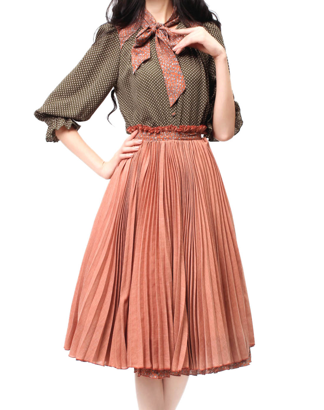 奢华手工太阳百褶收腰大摆半身裙