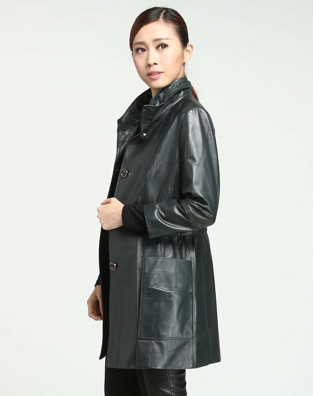 墨绿色帅气双层翻领长袖皮风衣
