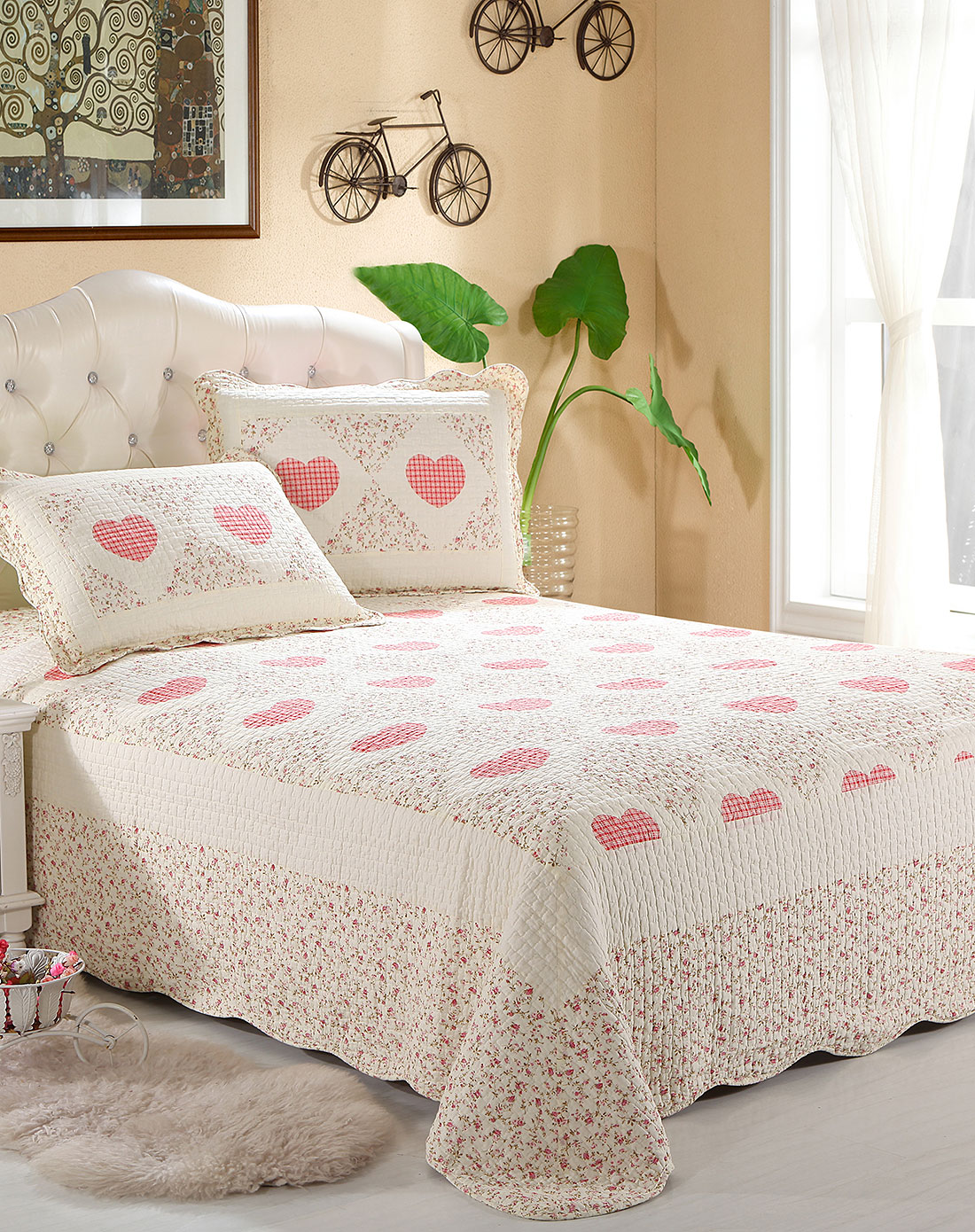 时尚手工绗绣床盖三件套-心心相印