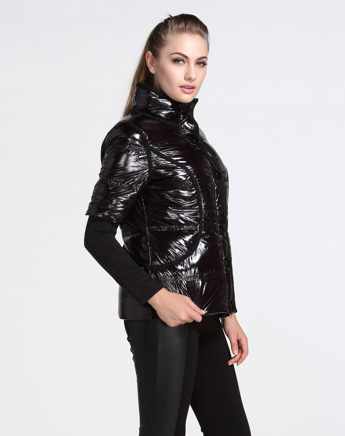 luxman旗下女装黑色涂层镶织短袖羽绒服tbs35931w2k_唯品会