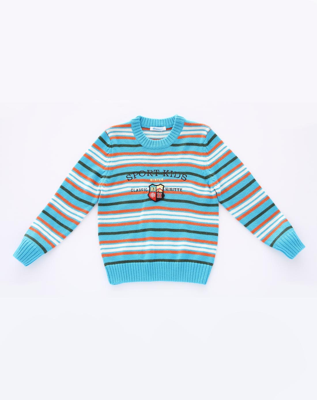 > 男童天蓝圆领横条毛衣