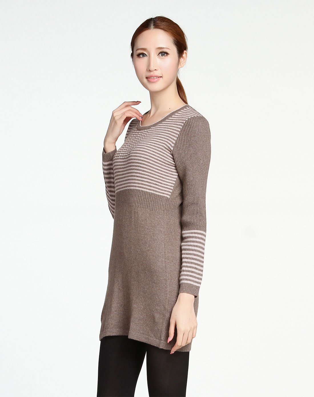 暗驼色简约条纹长袖长款100%山羊绒衫