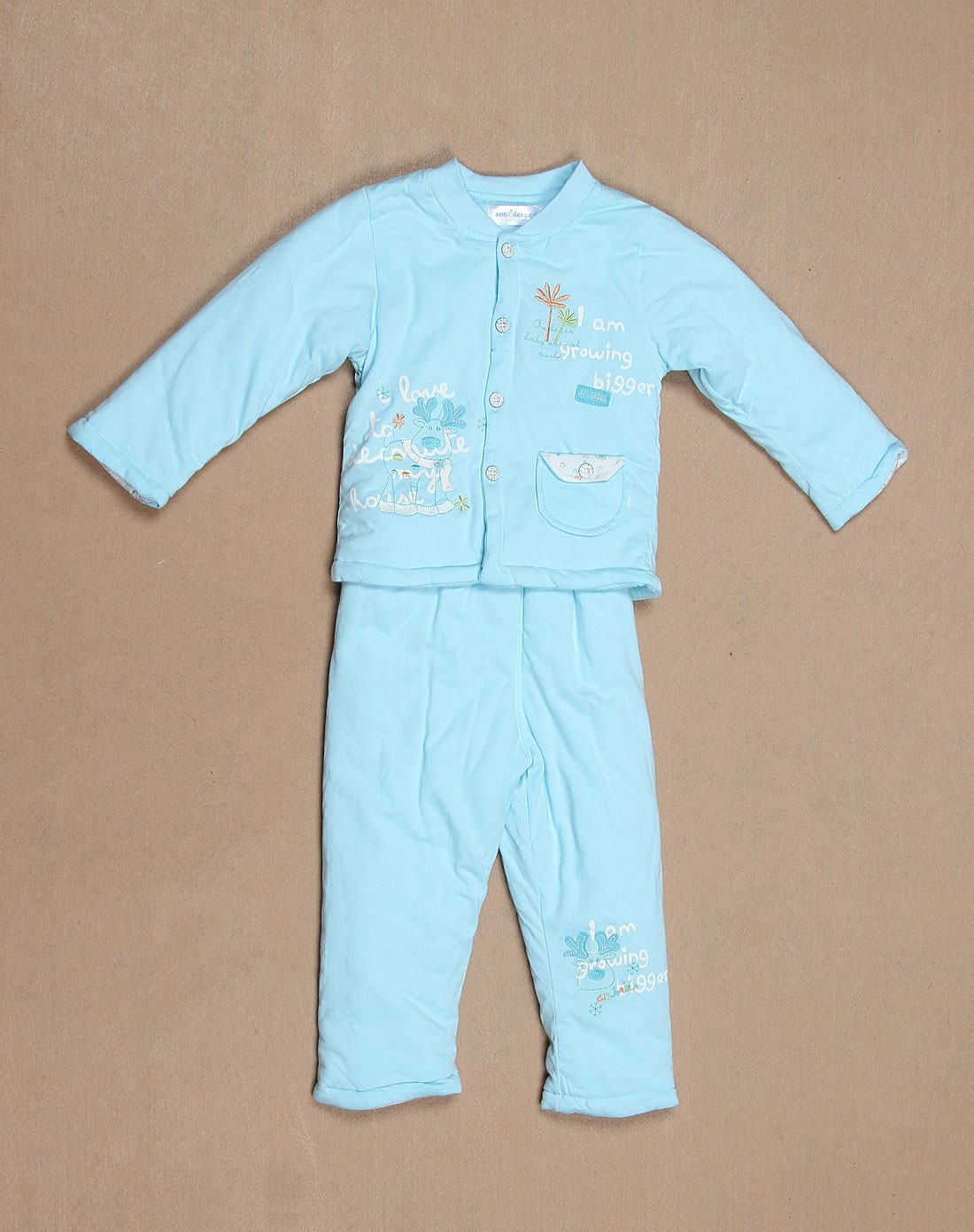 安贝儿 中性蓝色迷你小鹿开胸长袖两件套