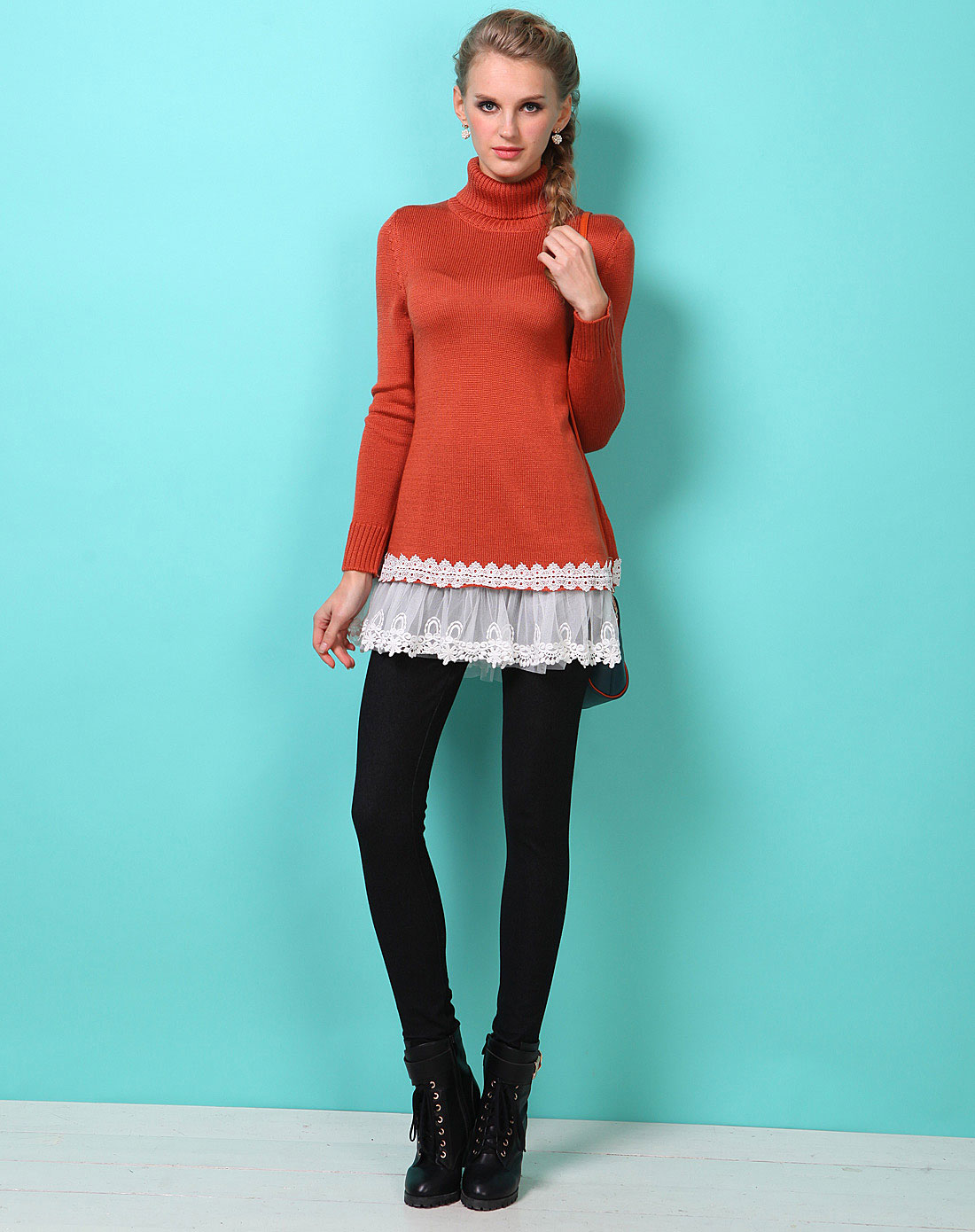 艾米拉aimila女装专场 > 焦糖对折高领a版蕾丝花边针织毛衫