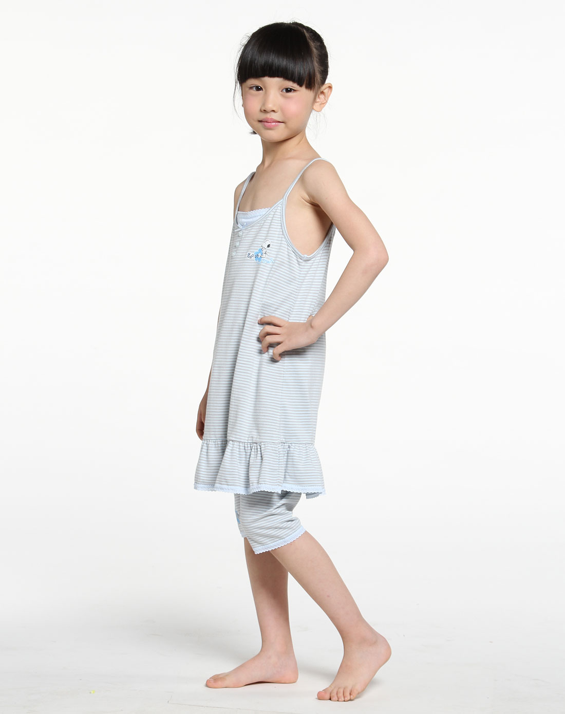 女童粉蓝色条纹吊带套装