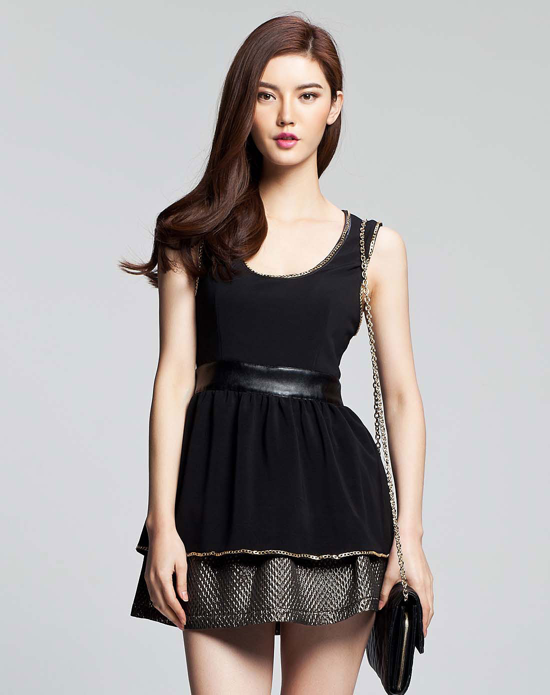 iaizo 黑色性感超短裙披皮连衣裙