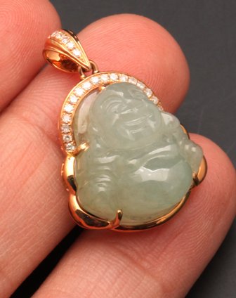 18k金镶钻石a货翡翠吊坠弥勒佛