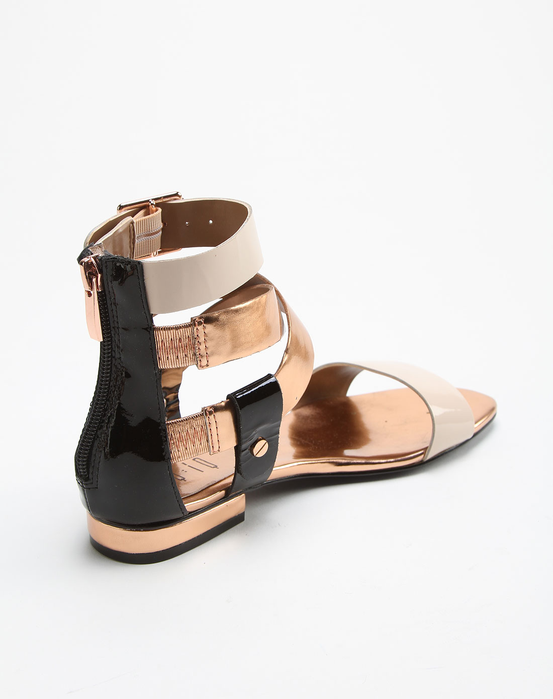 eqiq 金属铜黑色罗马风后拉链凉拖