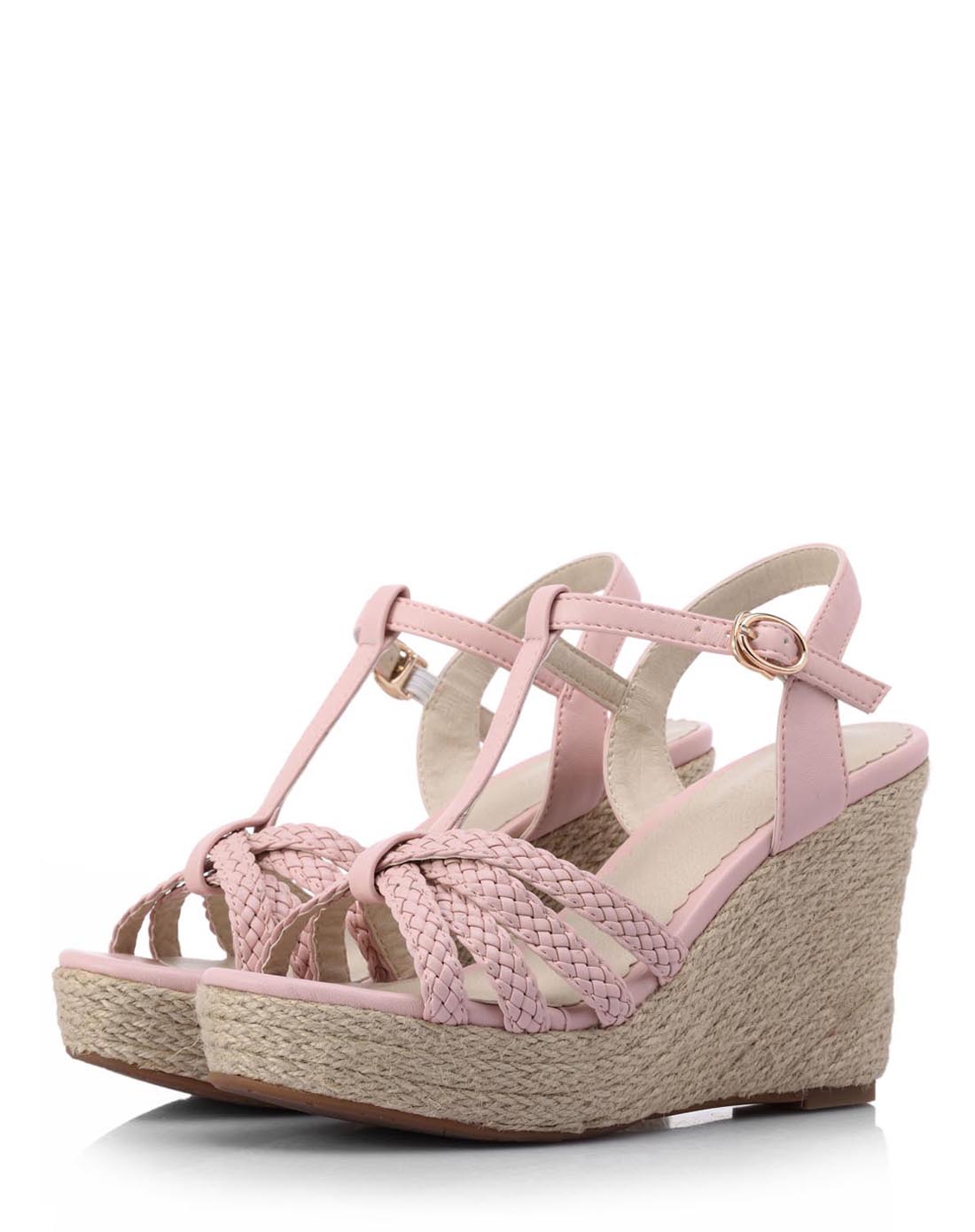 女款粉色浪漫罗马风t形条带坡跟凉鞋