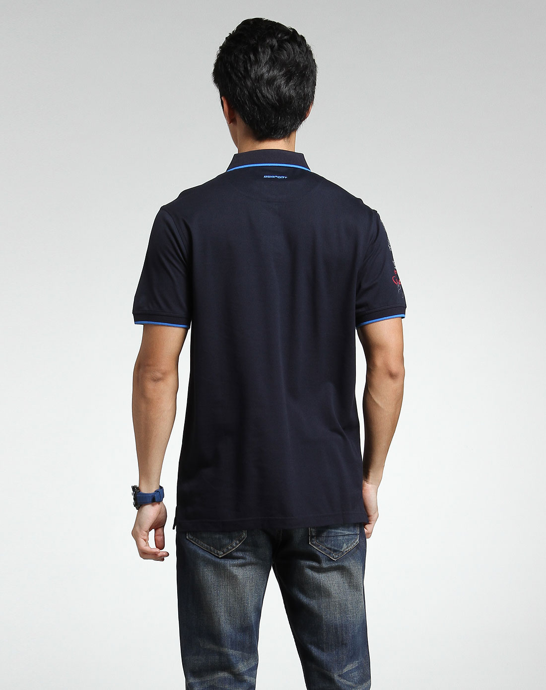 [ 七匹狼 ] 蓝黑色间纹商务休闲短袖polo衫