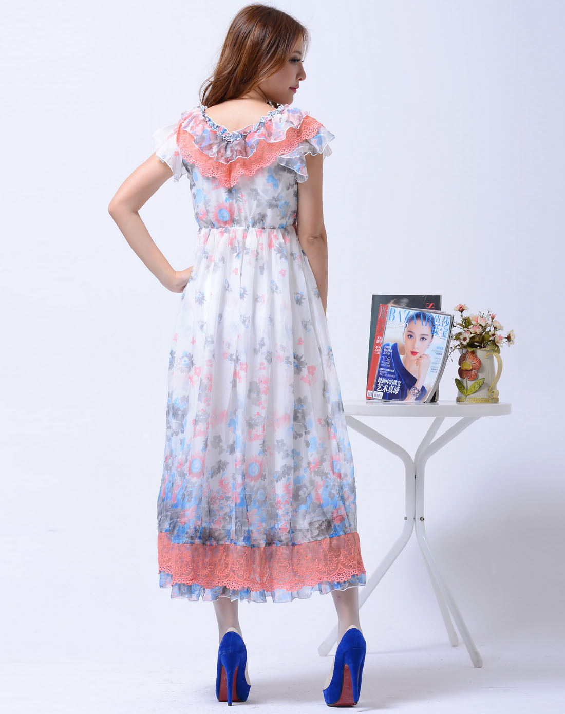 kopa白底印花蕾丝荷叶边v领收腰雪纺连衣长裙6102034002_唯品会