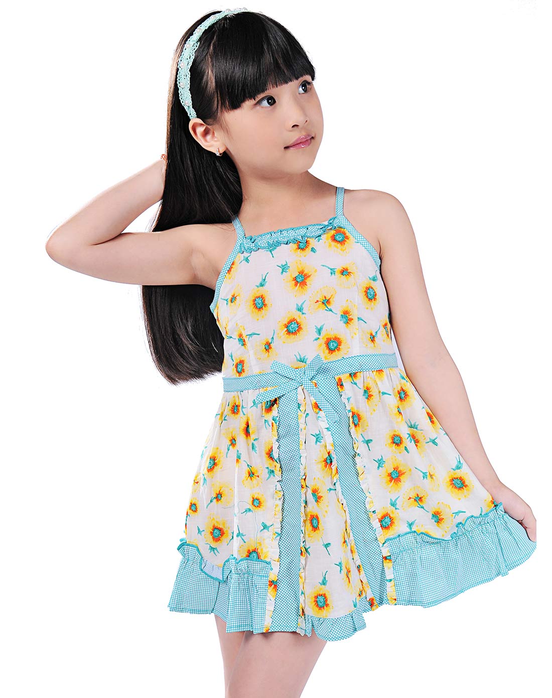 米拉熊 女童黄色花吊带裙