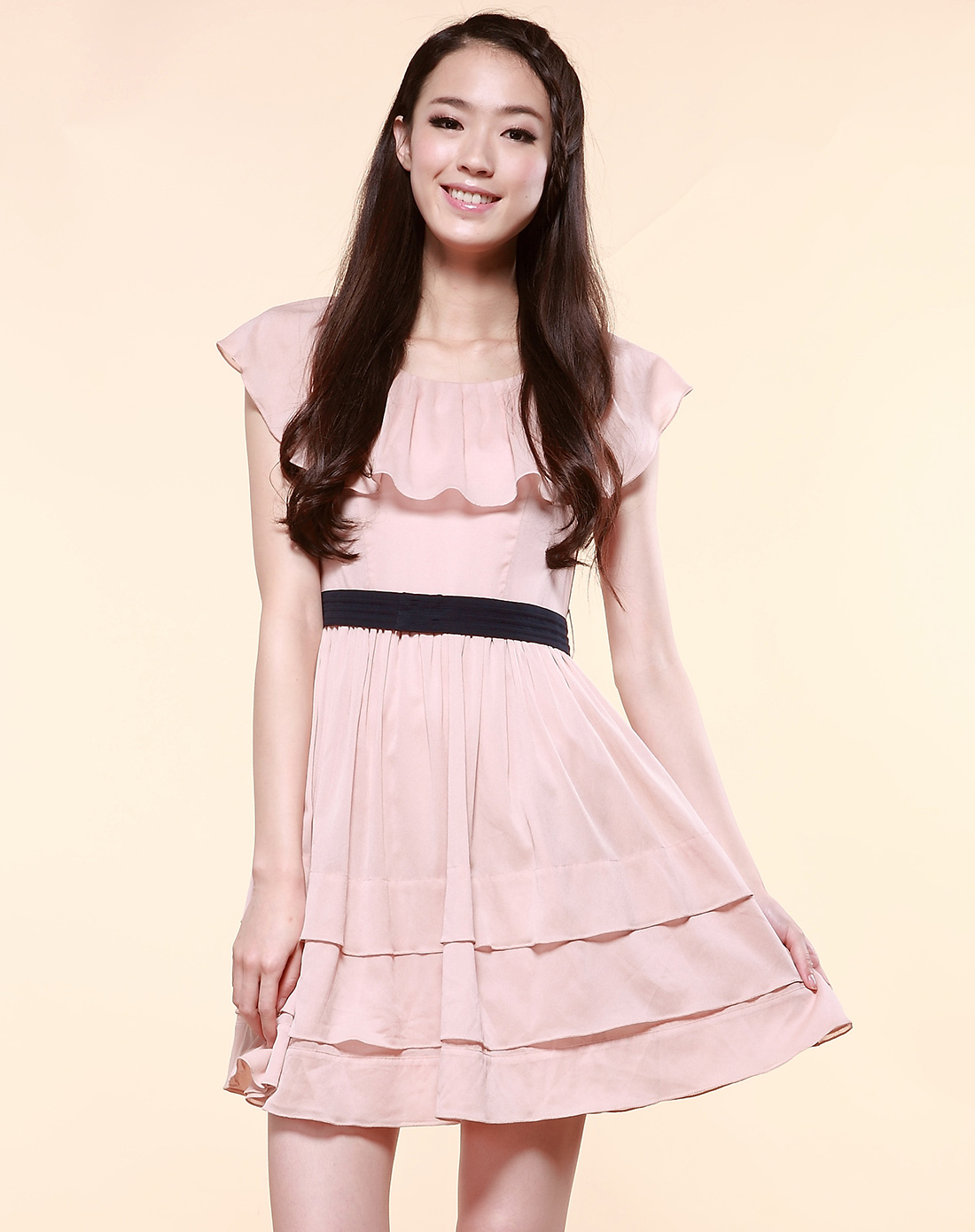 [ 伊芙丽 ] 裸粉色韩版荷叶领修身雪纺连衣裙