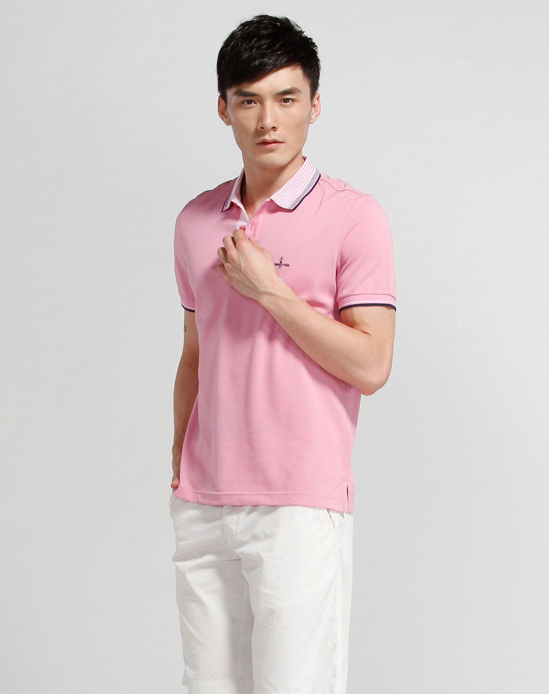 男款粉红色休闲运动风短袖polo衫