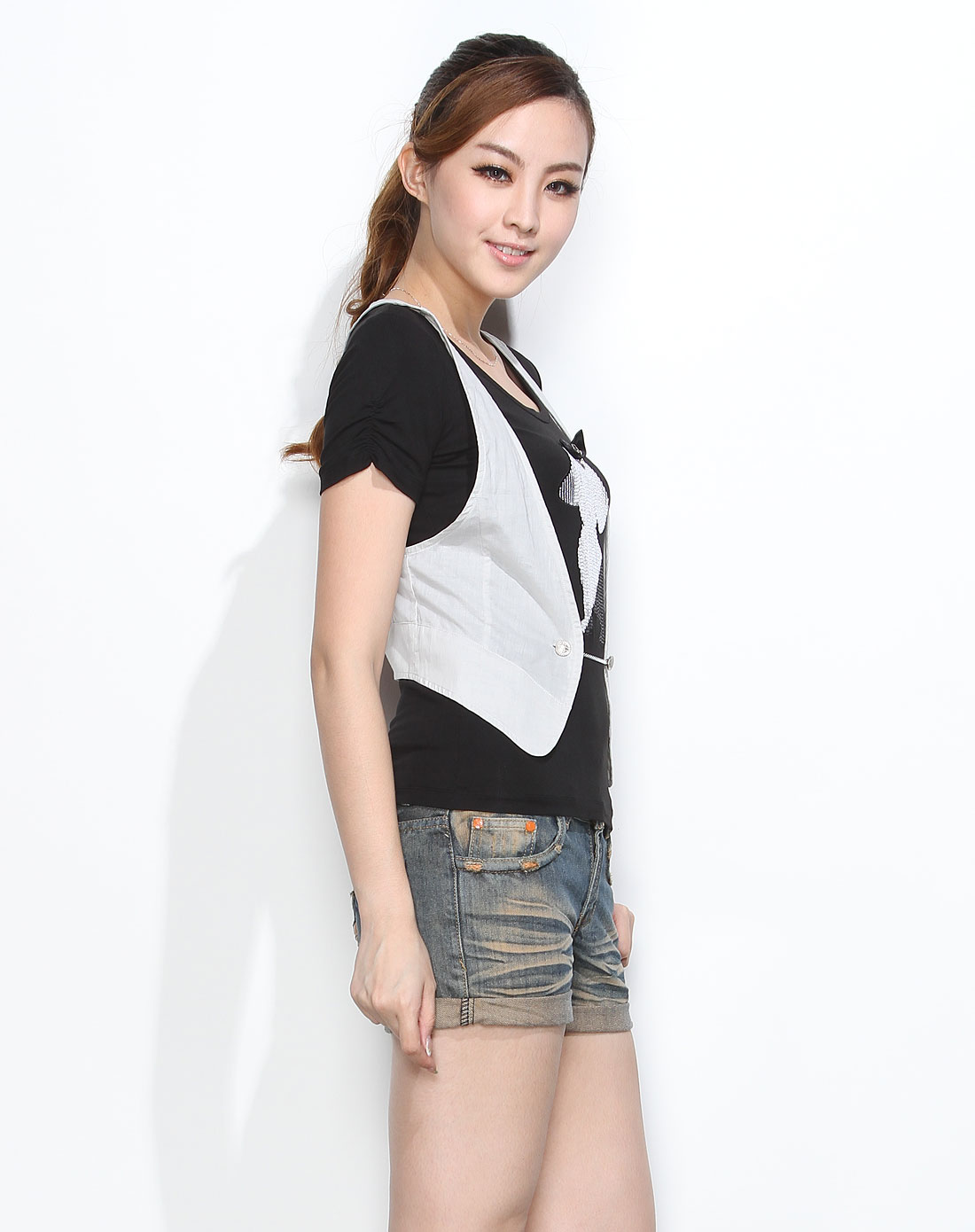 [ 摩高 ] 两件套珠片绣小狗黑色短袖t恤