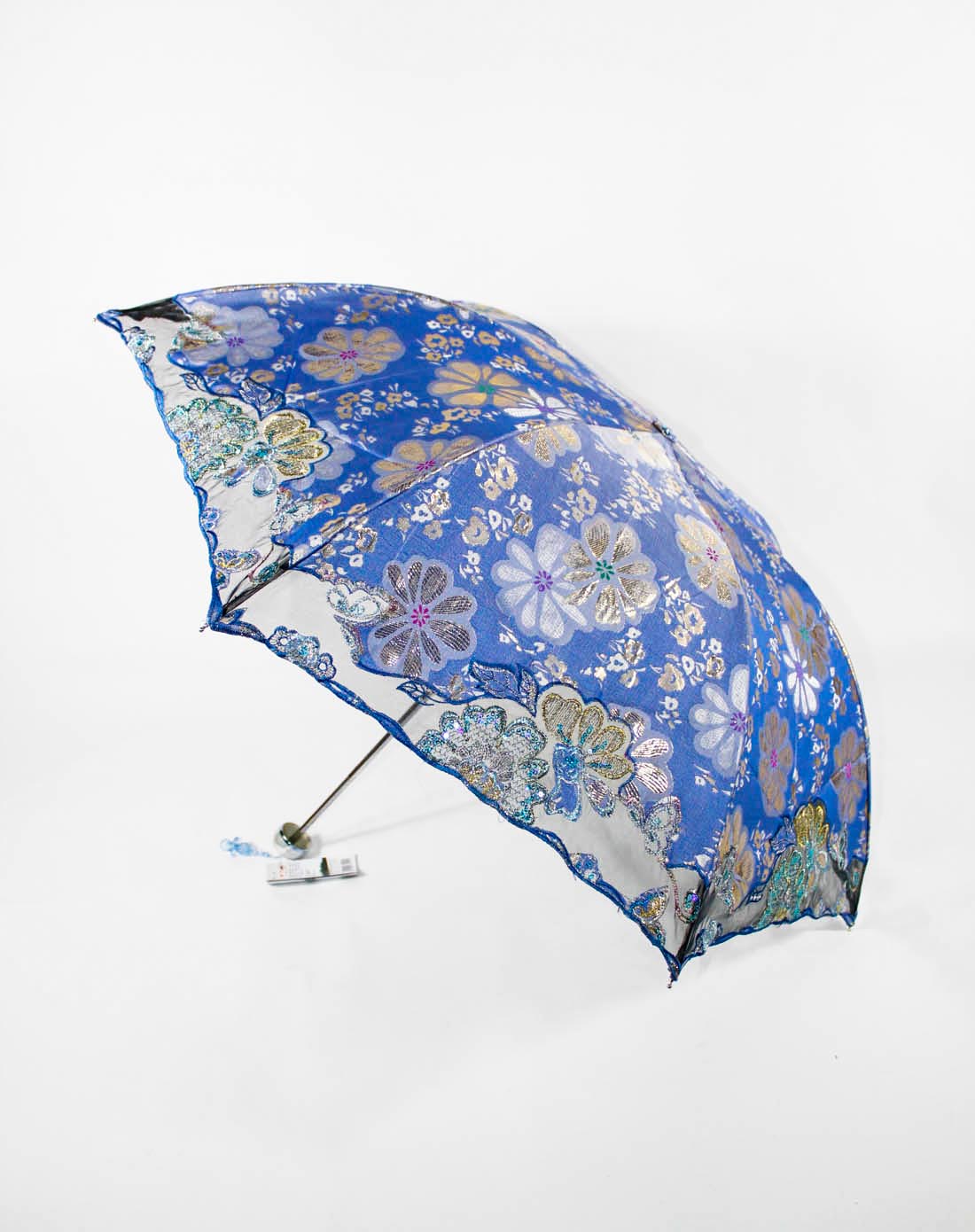 蓝底黄蓝色花刺绣菊花面防紫外线晴雨伞