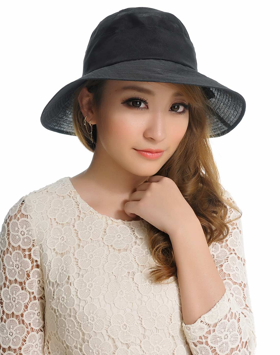 女款黑色透气手工真丝防晒帽