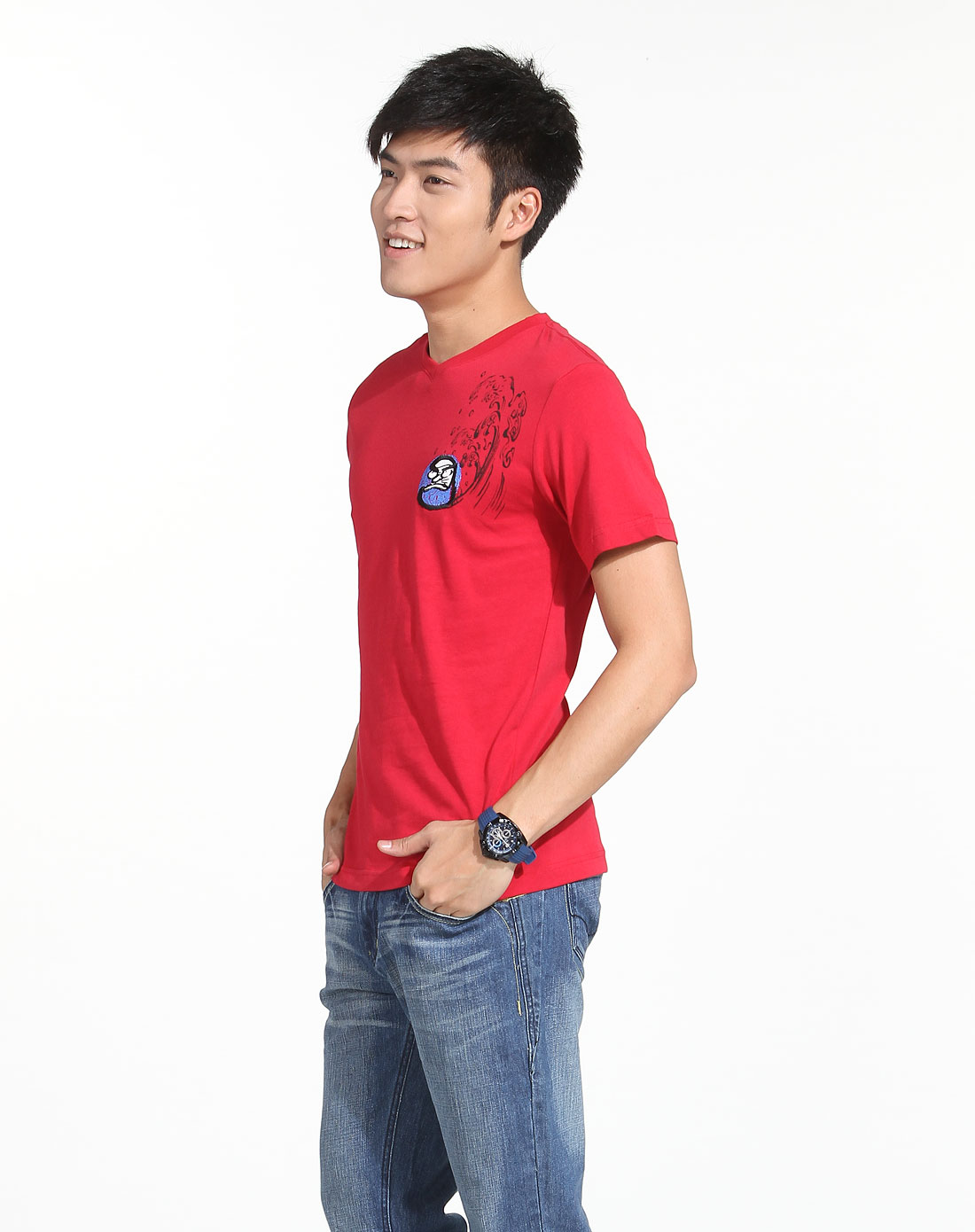 男款刺绣图案红色休闲短袖t恤