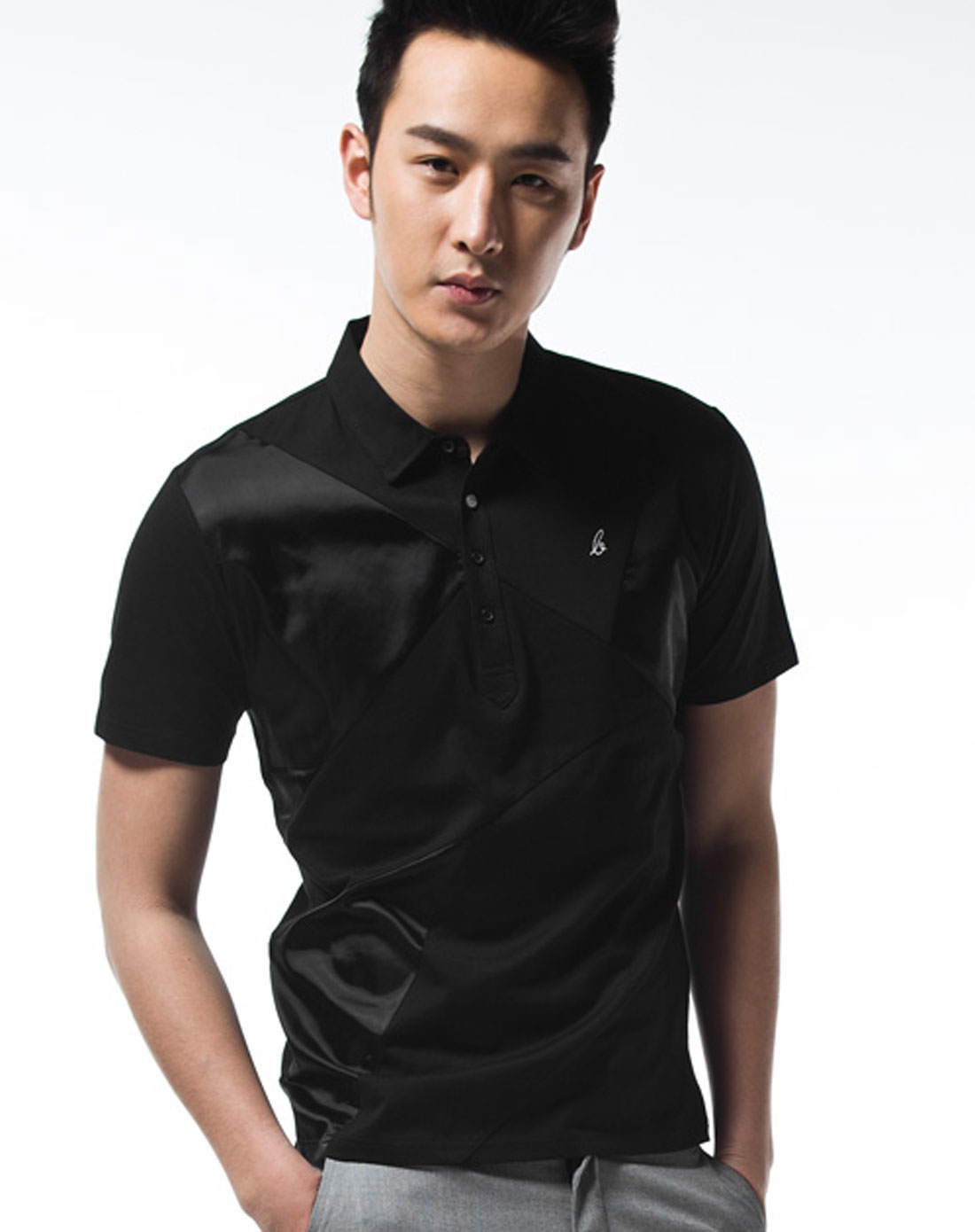 黑色翻领拼接时尚短袖t恤