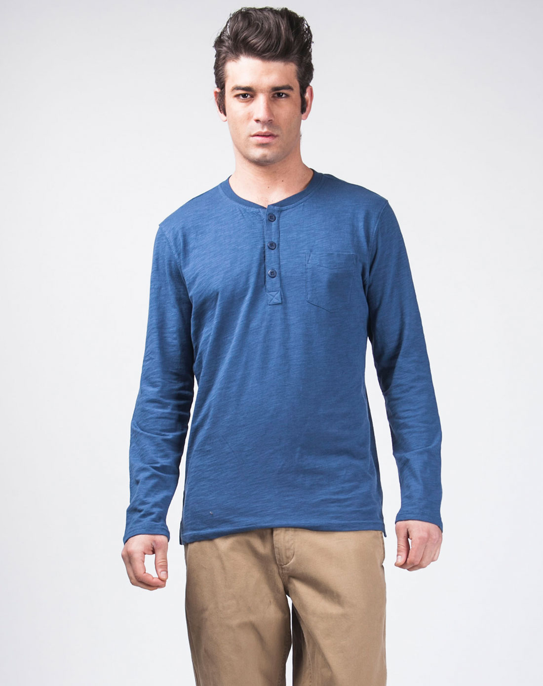 [ akseries ] 牛仔蓝色亨利领长袖t恤