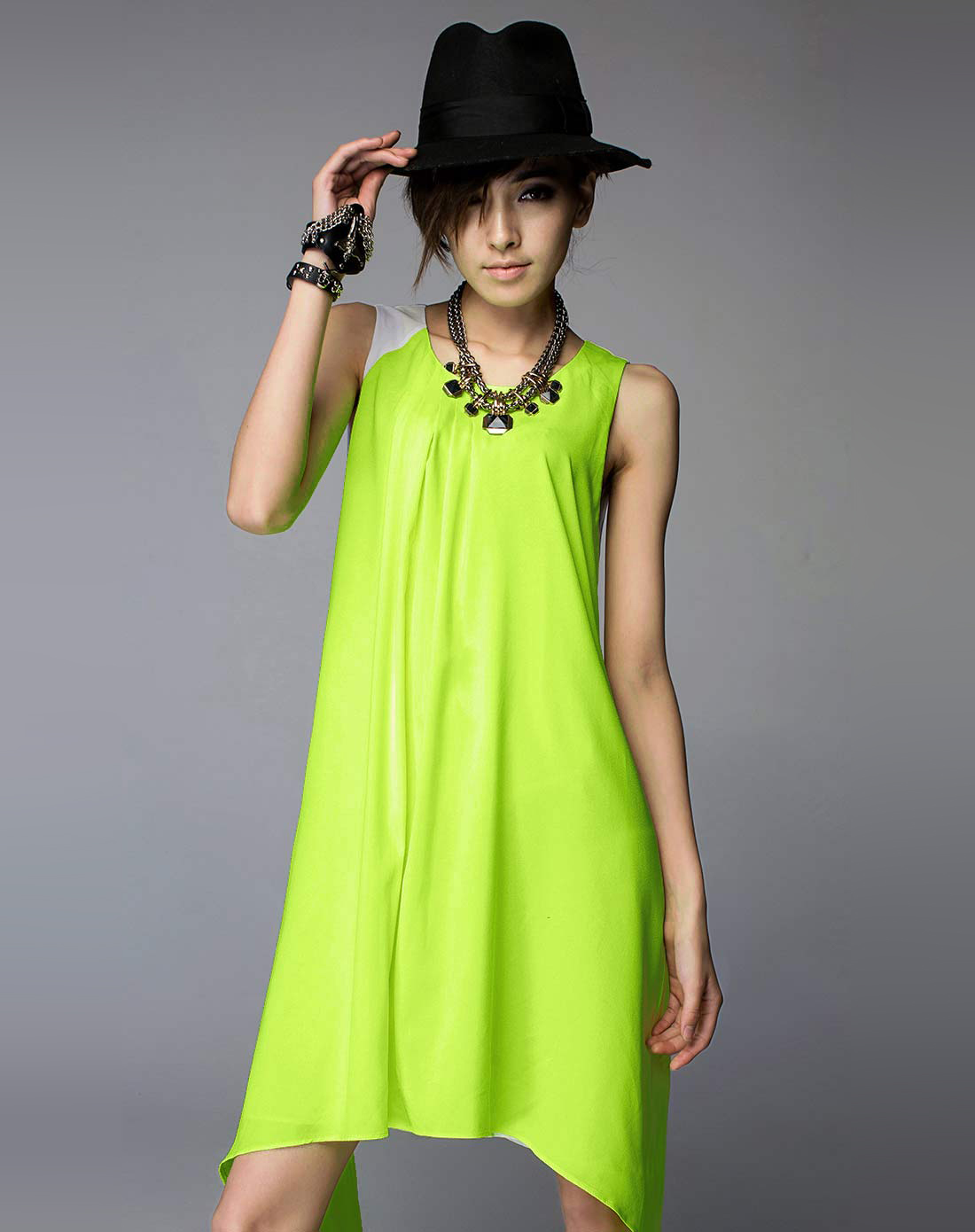 othermix荧光绿色清新皱褶无袖连衣裙