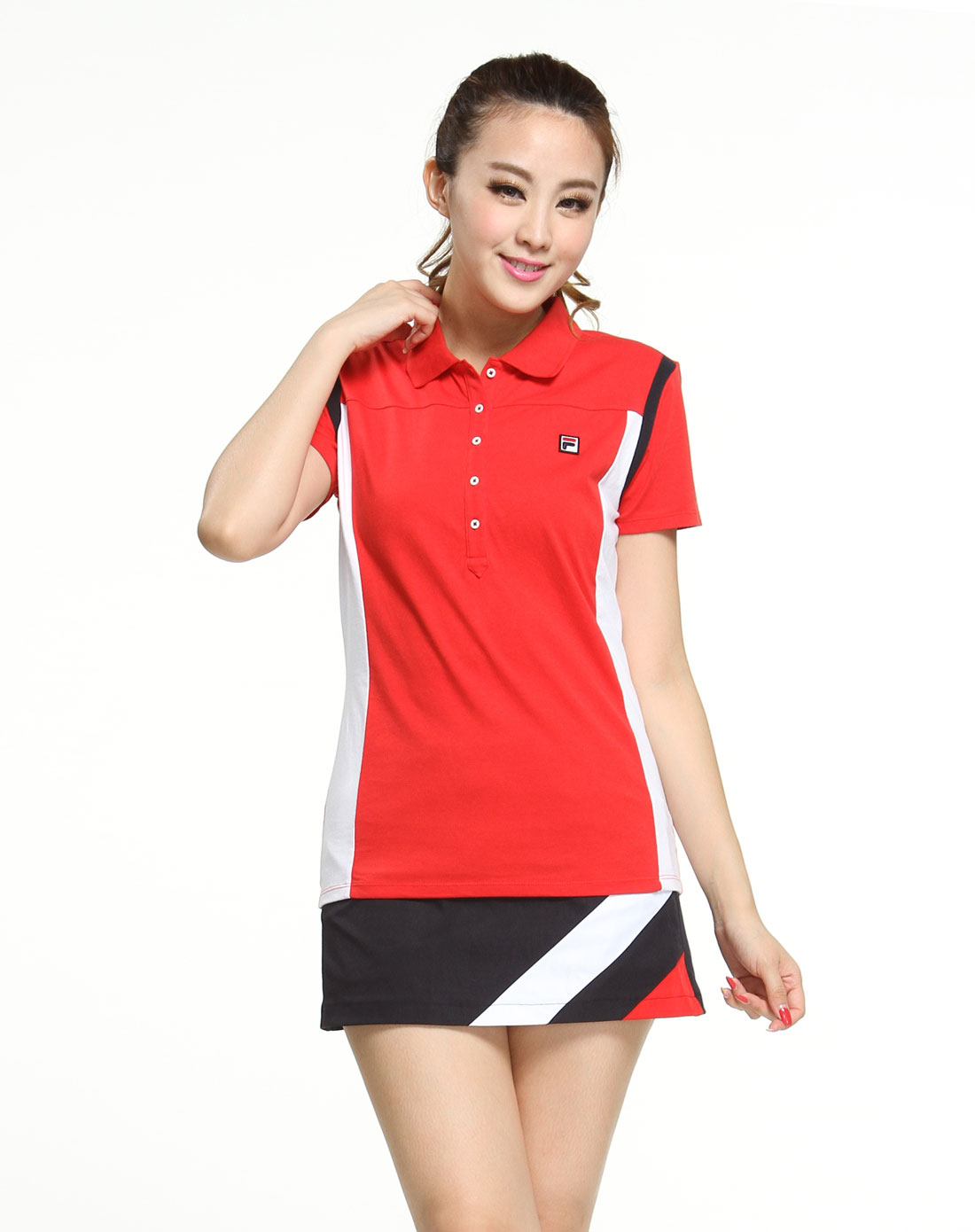 女款荧光红色意式经典修身短袖polo衫