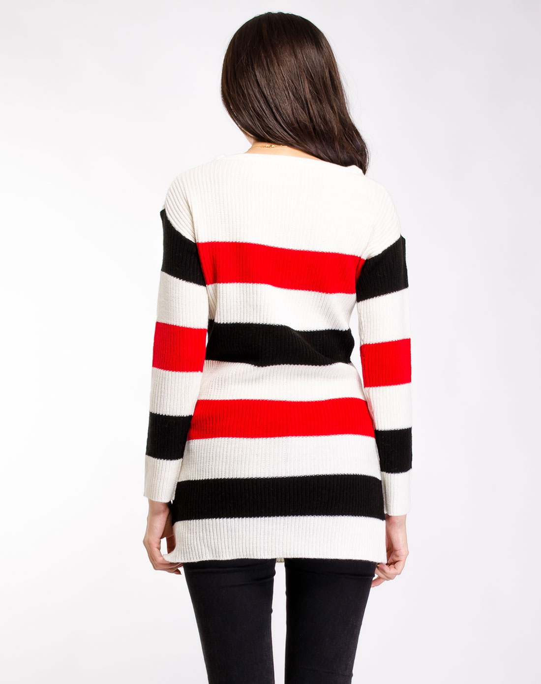 红白黑三色条纹套衫毛衣