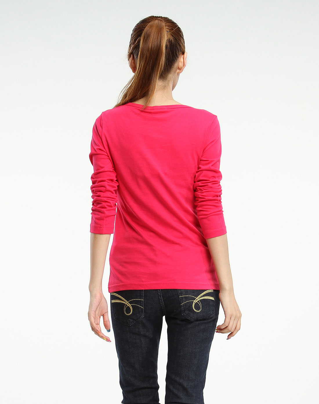 女款水玫红色印花百搭长袖t恤