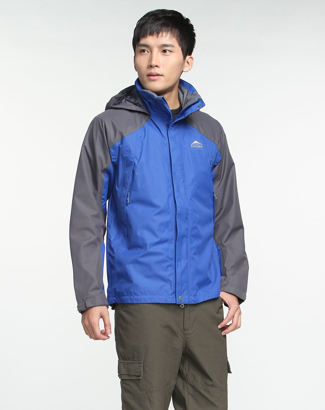 男款蓝色速干透气长袖连帽户外冲锋衣