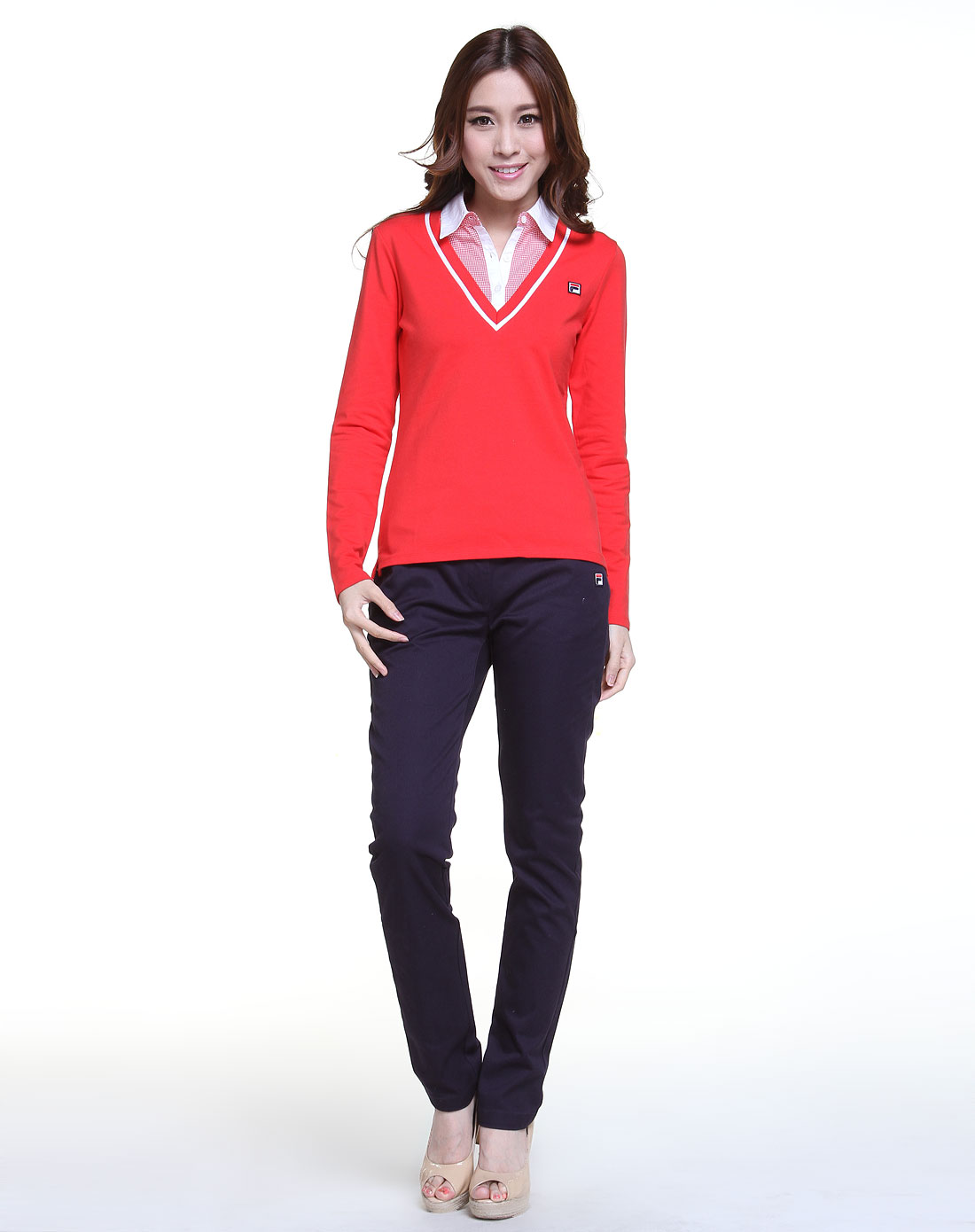 女款荧光红色校园风长袖假两件polo衫