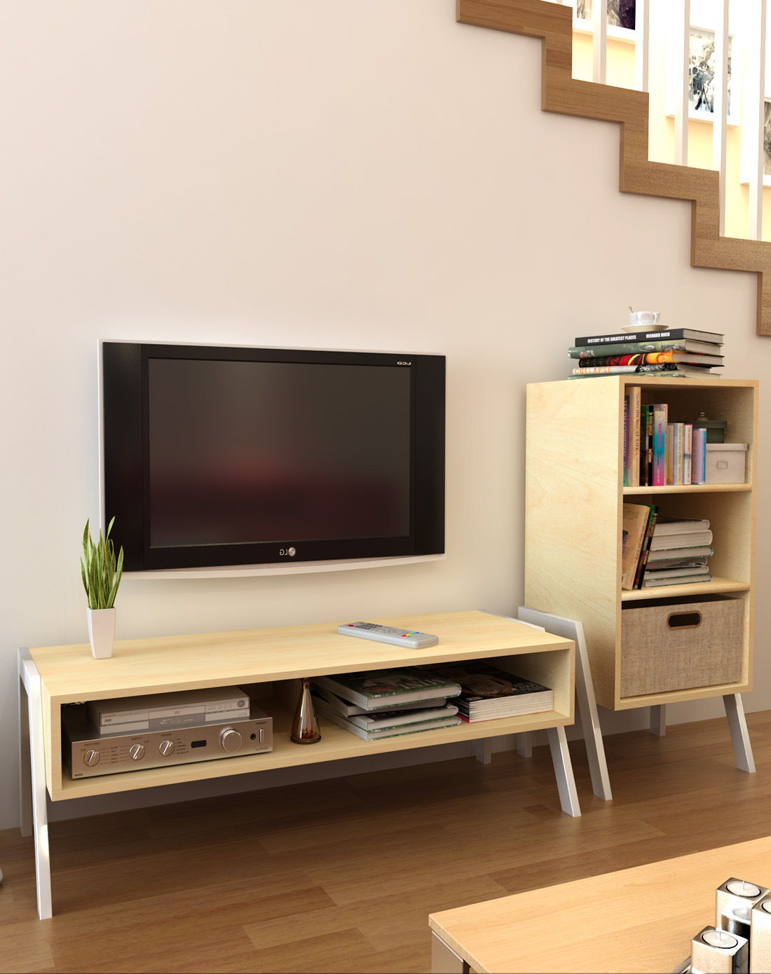 创意木质电视柜 三层储物柜两件套客厅组合