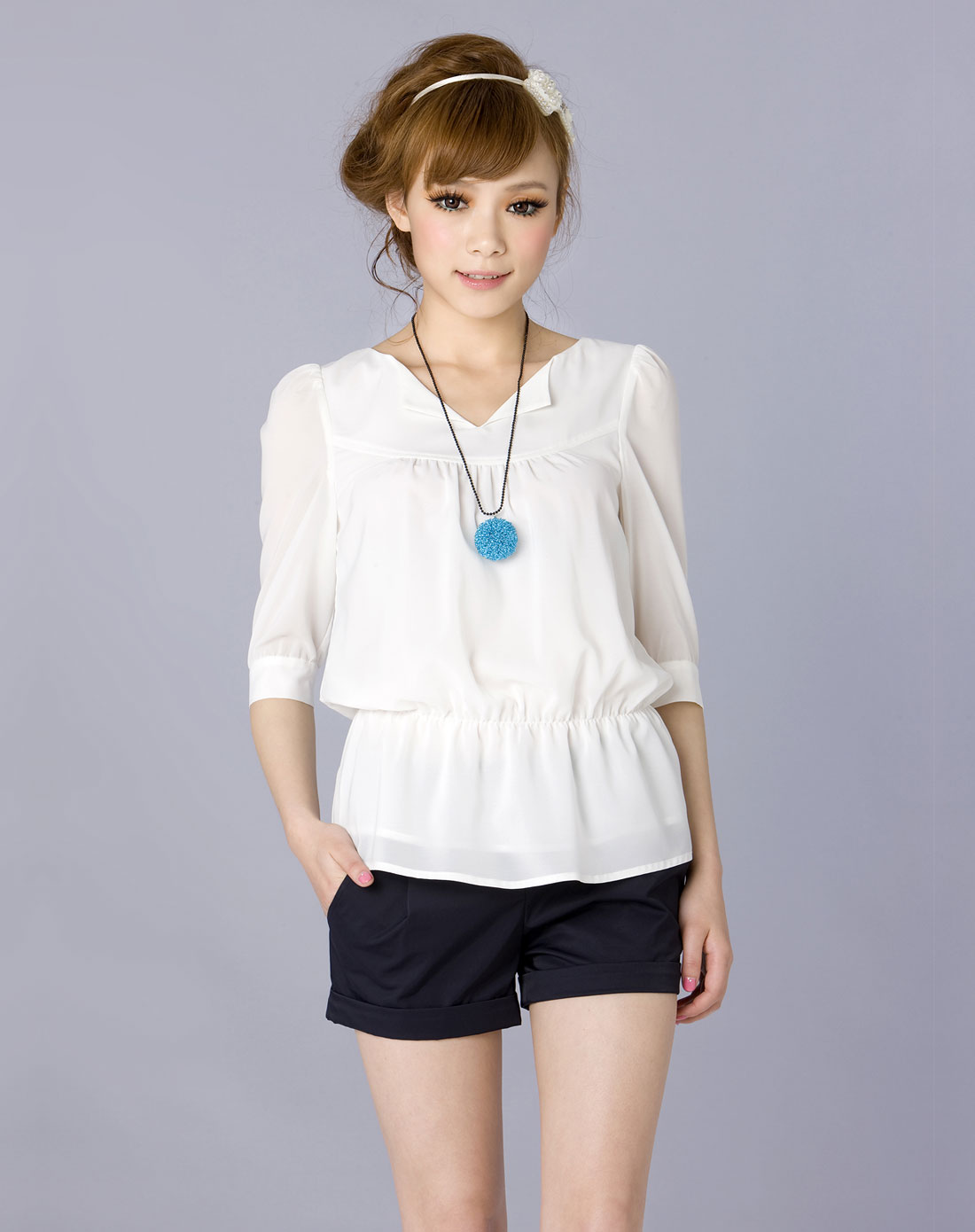 白色简约长袖雪纺衫