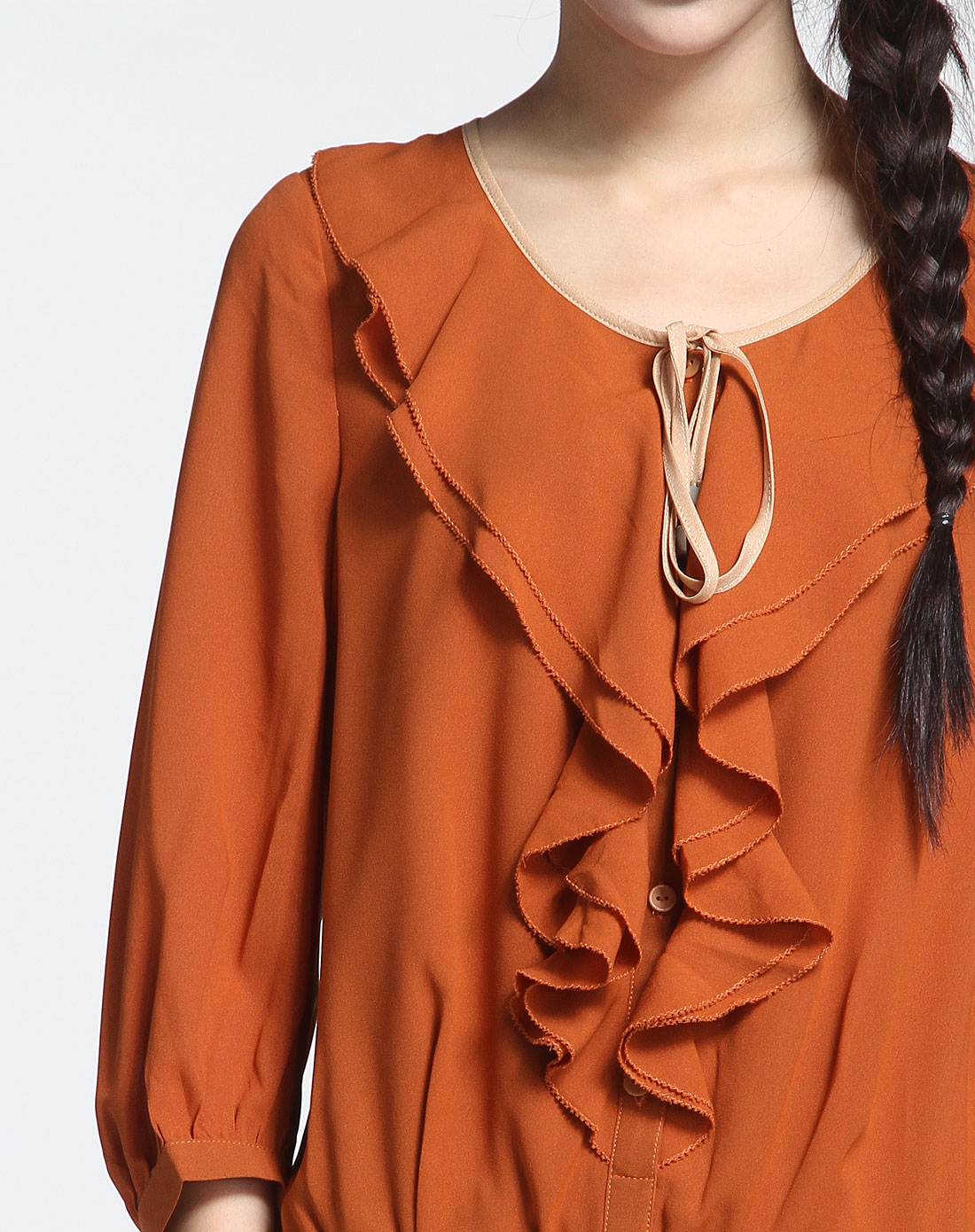 暗橘色荷叶边七分袖连衣裙